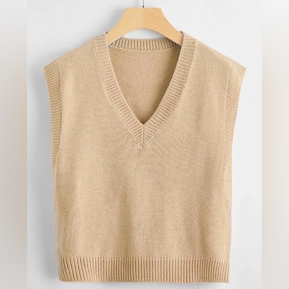 SHEIN EZwear V Neck Solid Sweater Vest Khaki M